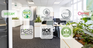 Tous les labels potentiels que Qivy peut vous faire obtenir : BREEAM, BBCA, WiredScore, WELL, Osmoz, R2S, HQE Bâtiment durable, LEED Certified